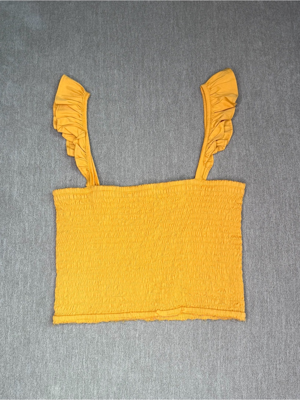 Express Mustard Yellow Smocked Ruffle-Strap Crop Top
